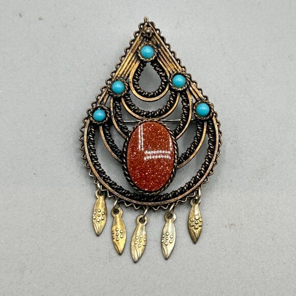 Vintage Silver 800 Pin Brooch Pendant Goldstone and Blue Ballotini Drop Shape - Picture 2 of 6